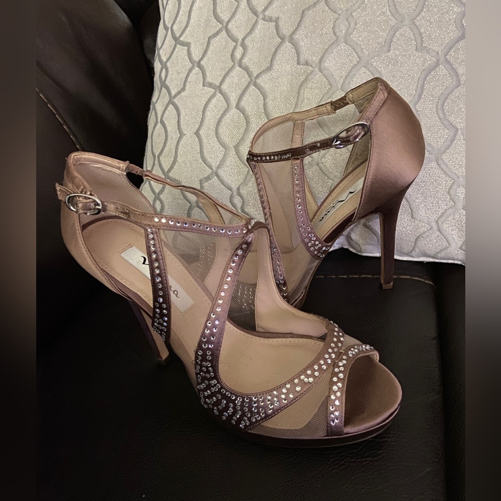 Nina 4” Peep-Toe Bronze Satin Stiletto Heels
